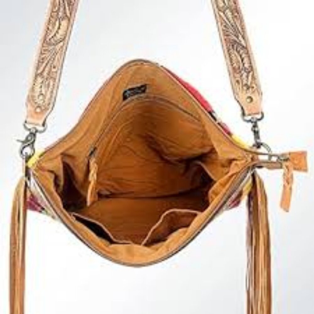 American Darling Southwestern Red Yellow Multi Crossbody Bag with Tan Leather - Picture 3 of 11